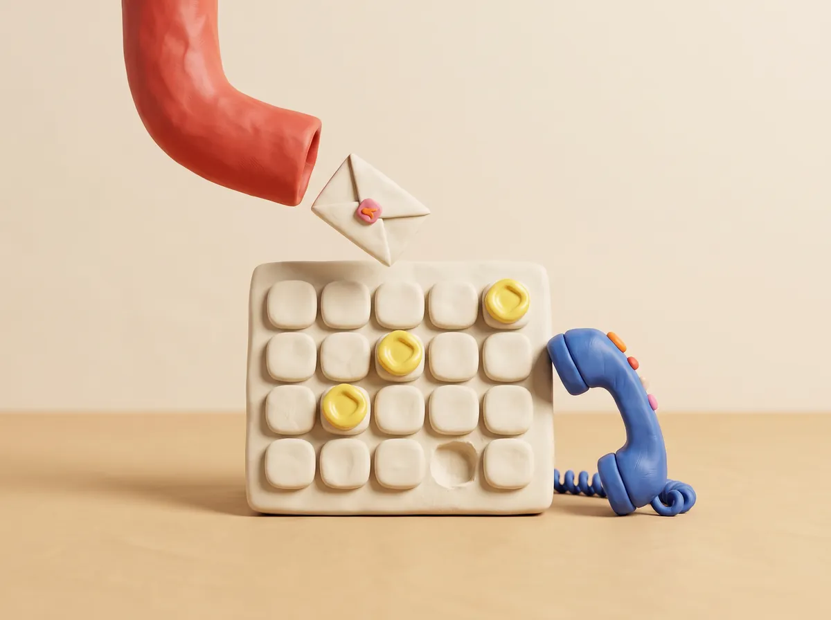 A clay desk calendar. An envelope drops onto it, three days hold yellow tokens and one day is left empty.
